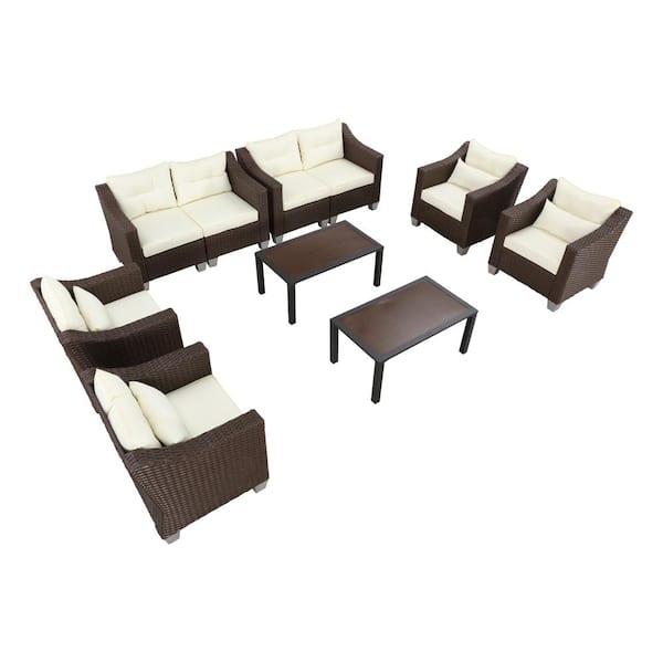 Patio Festival 10-Piece Wicker Patio Conversation Set with Beige Cushions