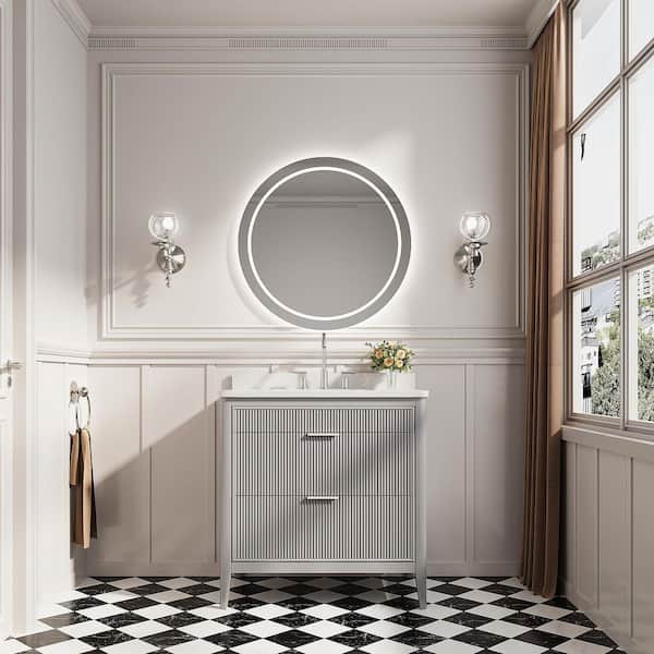 35.83 in. Freestanding Single Sink Fully Assembled Gray Bath Vanity with White Engineered Marble Top Assembled