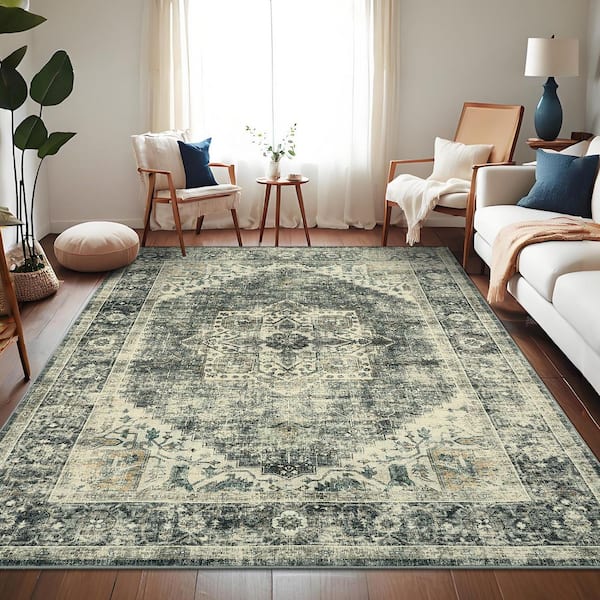 Brown Green 9x12 Vintage Persian Style Area Rug Faux Cashmere Polyester