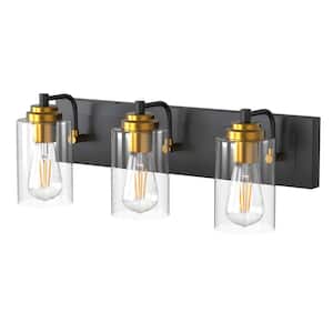 22.8 in. 3-Light Matte Black Metal Vanity Light Farmhouse Industrial Wall Sconce with Clear Glass Shade Gold Socket