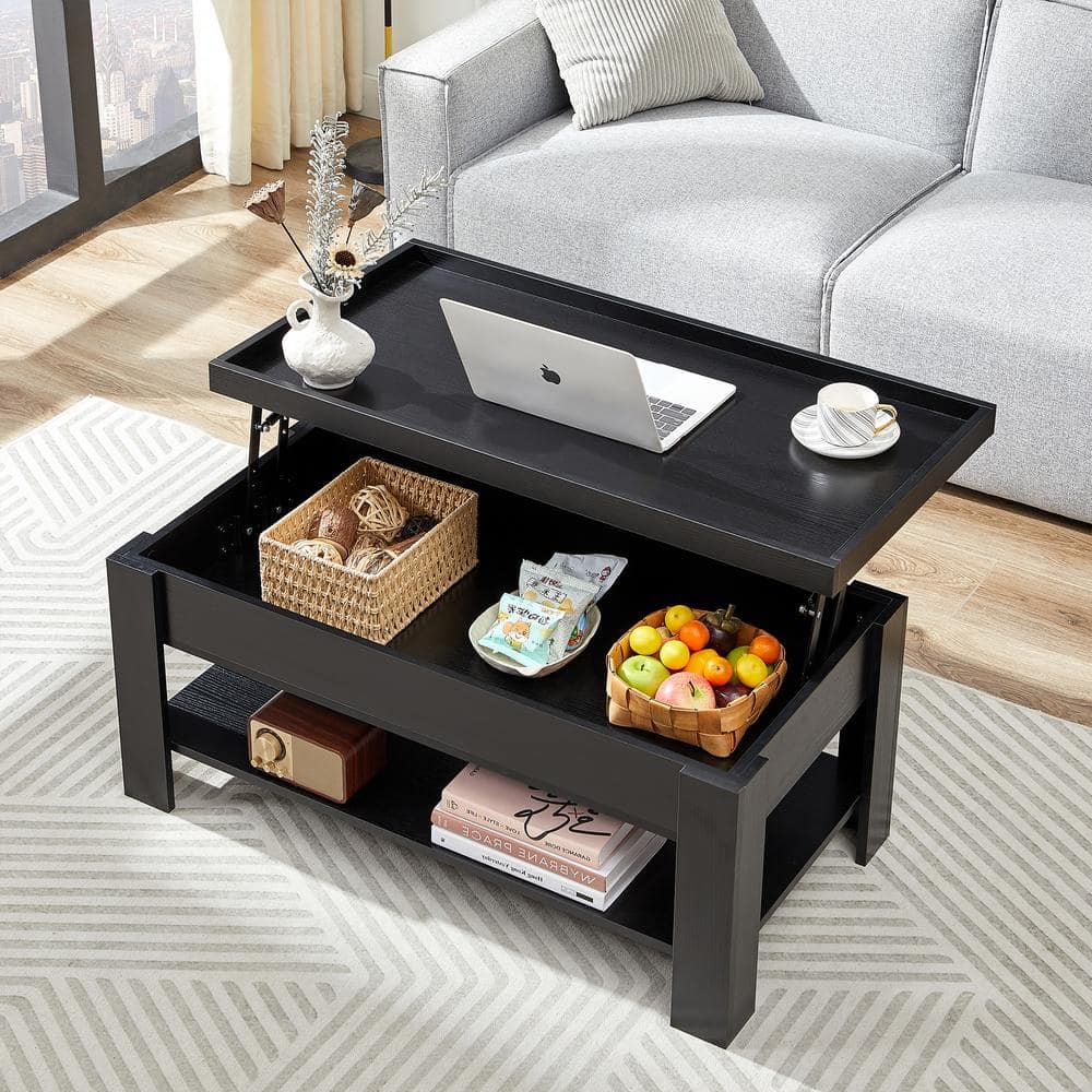 Black Metal and Wood Lift-Top Rectangular Coffee Table