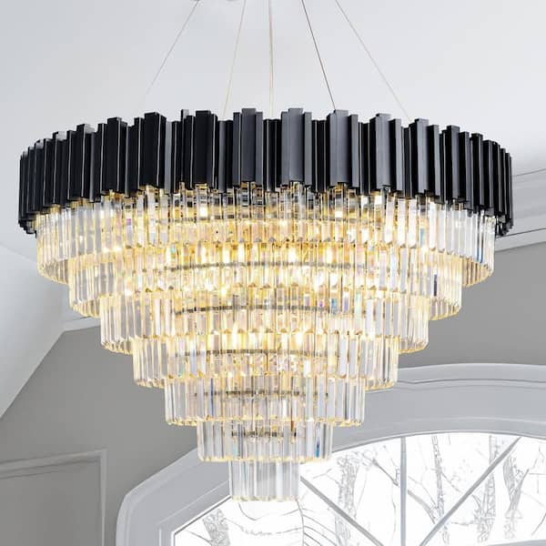 39 in. 21-Light Luxury Black Crystal Chandelier, 7-Tier Modern Round Chandelier for Dinning Room, Living Room, Entryway