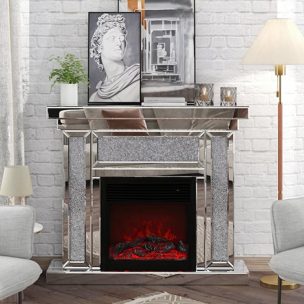 47 in. Freestanding Acrylic Diamond Mirror Electric Fireplace, 1500 -Watt Heating Furnace in Silver