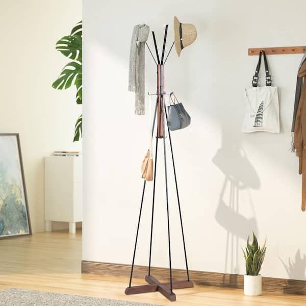 Amucolo Brown Wood and Metal Freestanding Coat Rack with Hooks  YeaD-CYD0-CEZ2 - The Home Depot