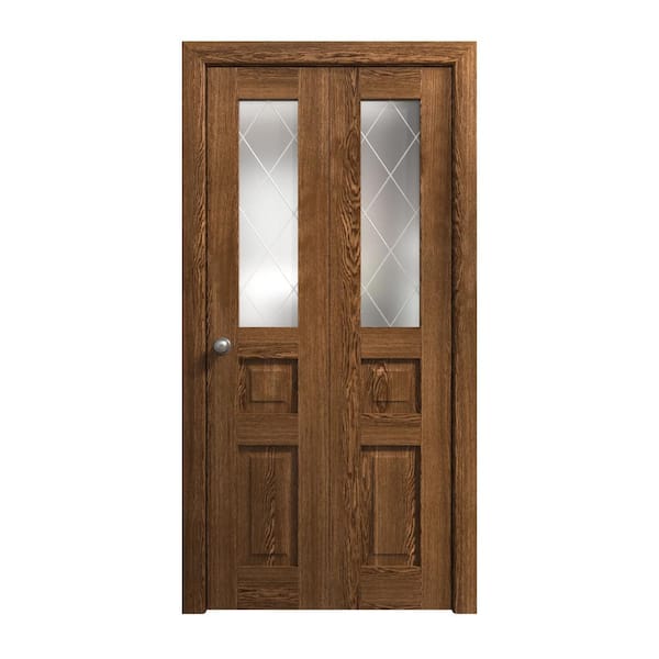 64 in. x 80 in. Frosted Glass Cognac Oak Solid Wood Bi-Fold Doors with Hardware