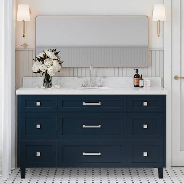 ARIEL Monroe 61 in. W x 22 in. D x 36 in. H Freestanding Bath Vanity in Midnight Blue with Italian Carrara Marble Vanity Top