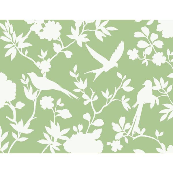 LILLIAN AUGUST 60.75 sq. ft. Coastal Haven Seacrest Green Kauai Bird Toile Embossed Vinyl Unpasted Wallpaper Roll