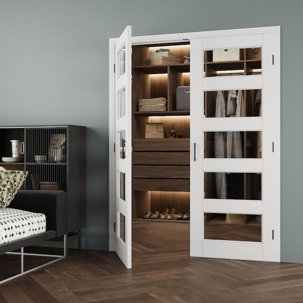 64 in. x 80 in. 5-Lite Clear Glass Universal White Solid Core Glass Double Prehung French Door+ Separate Jamb&Ball Catch