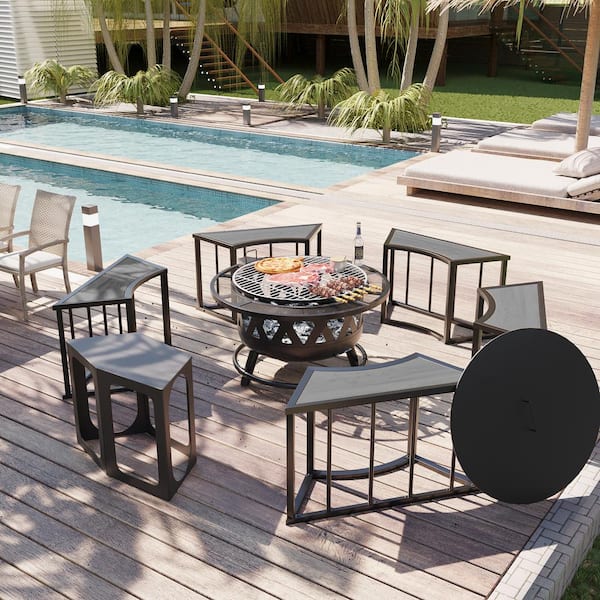 51 in. W Metal BBQ Gray Outdoor Fire Pit Table with Grill