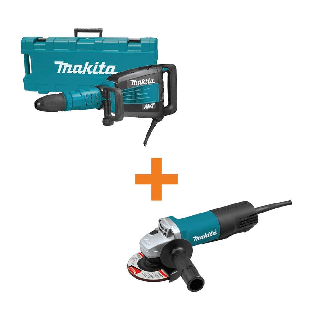 Makita 14 Amp 27 lb. x 5.125 wide AVT Demolition Hammer with Case with 7.5 Amp 4-1/2 in. Corded Paddle Switch Angle Grinder