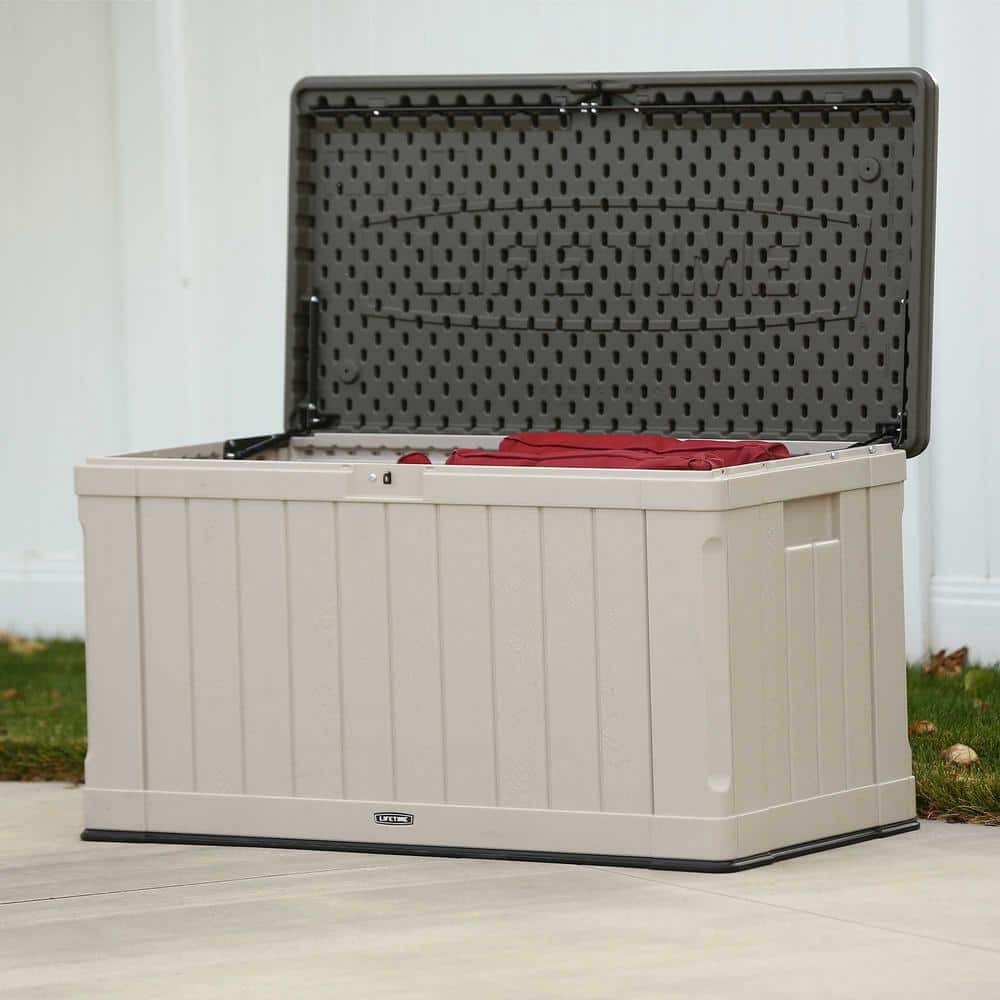 Tan and Brown Lockable 116 Gallon Plastic Deck Box