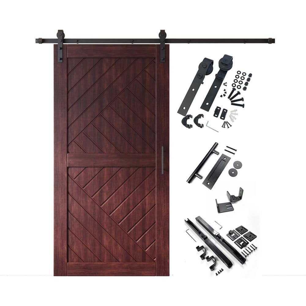 HT 36 in. x 80 in. C-Panel Red Mahogany Geometric Design Solid Pine Wood Sliding Barn Door with Hardware Kit price history on PriceWatchPro