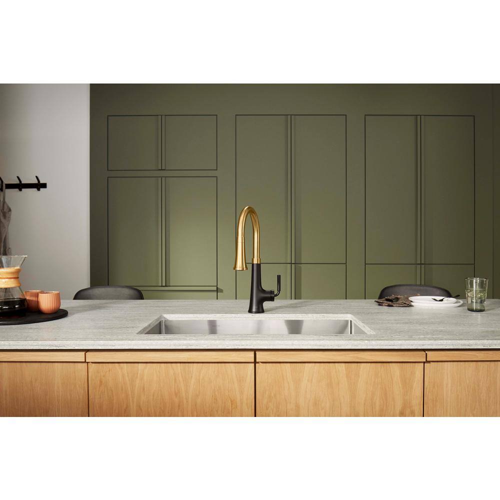 Matte Black and Brass Pull Down Kitchen Faucet with Spray