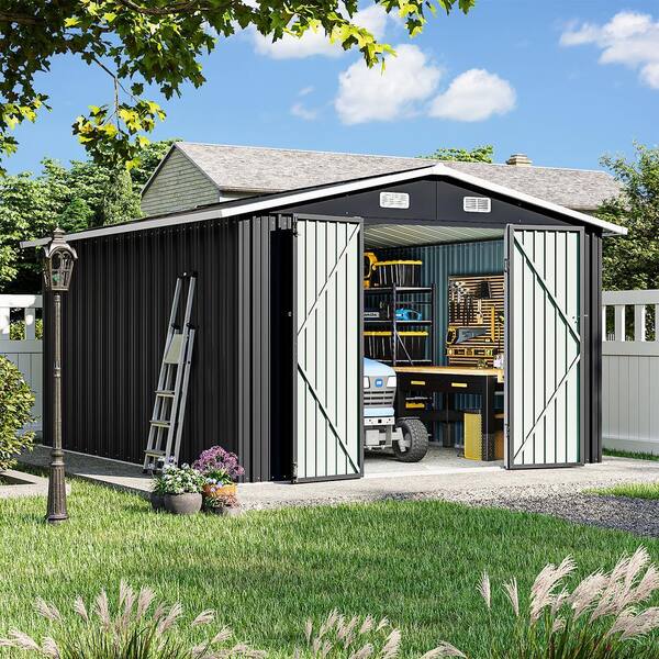 SUNMTHINK 10 ft. W x 12 ft. D Black Metal Storage Shed with