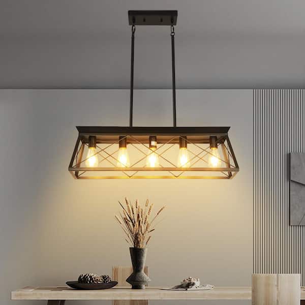 5-Light Black Metal Geometric Farmhouse Chandelier Fixture for Kitchen Island with Rustic Rectangle Frame