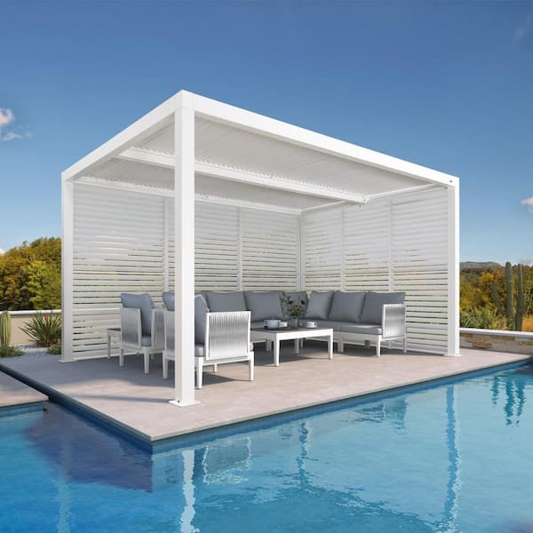 PURPLE LEAF 10 ft. x 14 ft. White Aluminum Louvered Pergola with 2 Individual Sunshade Roofs and 1-Long 1-Short Side Shutter Wall