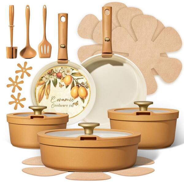 20-Piece Orange Ceramic Cookware Set with Detachable Handles, Pots and Pans Set, Induction & Dishwasher Safe, Non-toxic