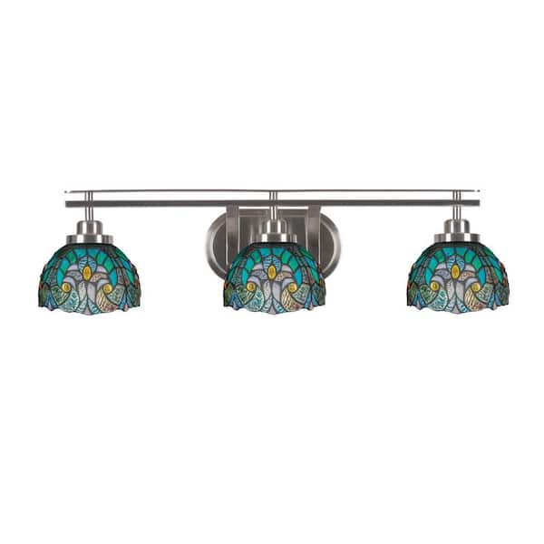 Unbranded Monroe 28.75 in. 3-Light Brushed Nickel Vanity Light 7 in. Turquoise Cypress Art Glass Shade No Bulbs Included