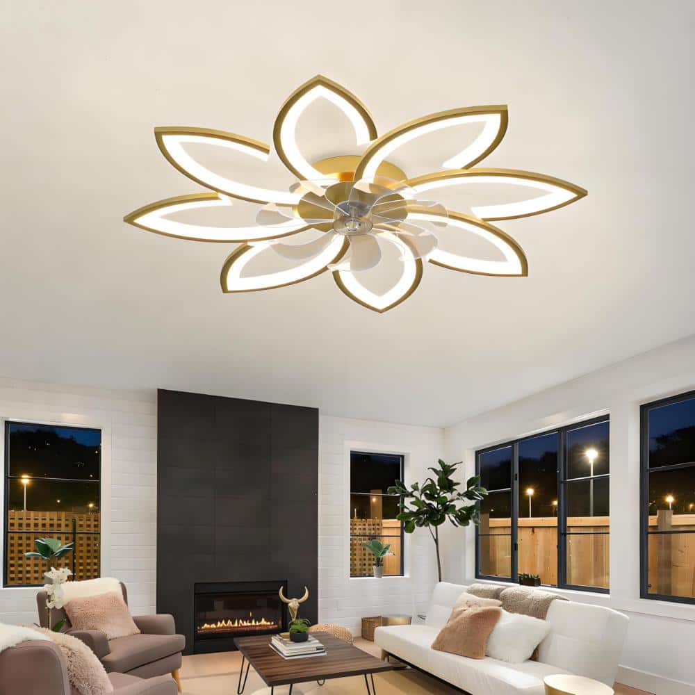35 in. Gold Flush Mount LED Flower Shape Ceiling Fan with Light, Remote, Dimmable 3-Color, 6 Speeds, Reversible Motor price history on PriceWatchPro