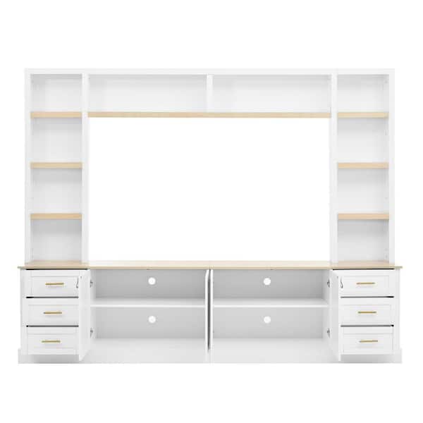 Farmhouse White 4-Piece Entertainment Center Fits TVs up to 75 in. with Adjustable Shelf, 6 Drawers, Bookshelves