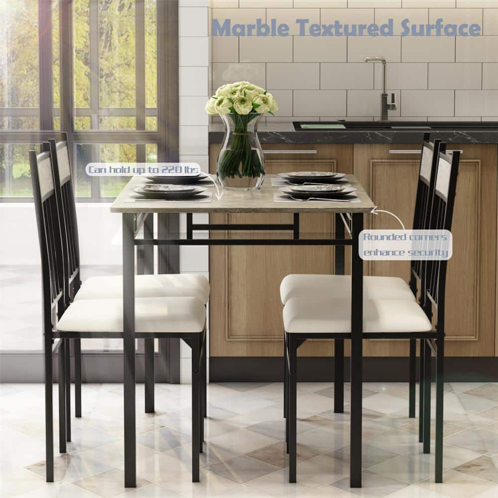 Costway 5 Piece Faux Marble Dining Set Table and 4 Chairs Kitchen Breakfast Furniture Grey - Gray