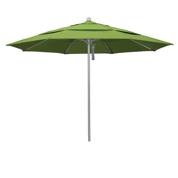 California Umbrella 11 ft. Gray Woodgrain Aluminum Commercial Market Patio Umbrella Fiberglass Ribs and Pulley Lift in Macaw Sunbrella