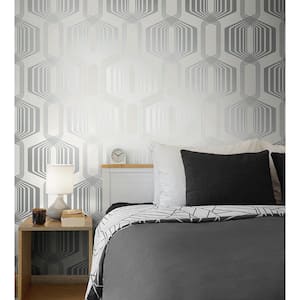 Metallic Silver Striped Geo Vinyl Peel and Stick Wallpaper Roll (Covers 30.75 sq. ft.)