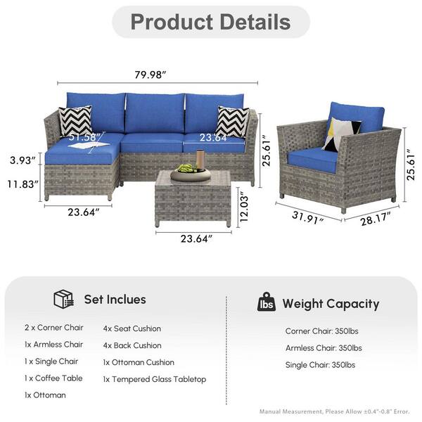 XIZZI Bella Gray 6-Piece Wicker Outdoor Sectional Set with Navy