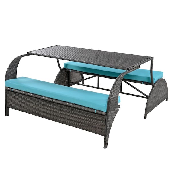 57.1 in. Gray Rectangle Steel Wicker Picnic Table 2-in-1 Convertible Table with Blue Cushion for Outdoor Backyard Patio