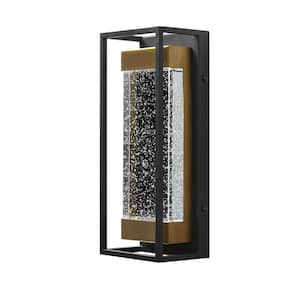 Lindley 12.38 in. Modern 1-Light Black and Brass Hardwired LED Outdoor Wall Lantern Sconce with Double Frame(1-Pack)