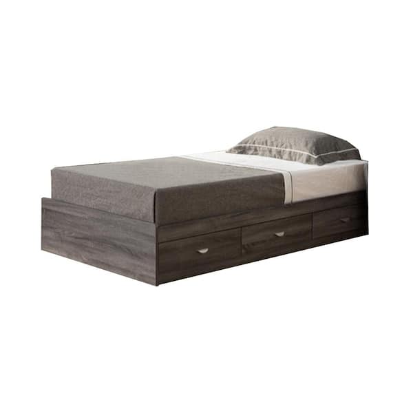 Benjara Gray Twin Size Chest Platform Bed Wooden Frame with 3-Drawers on Metal Glides
