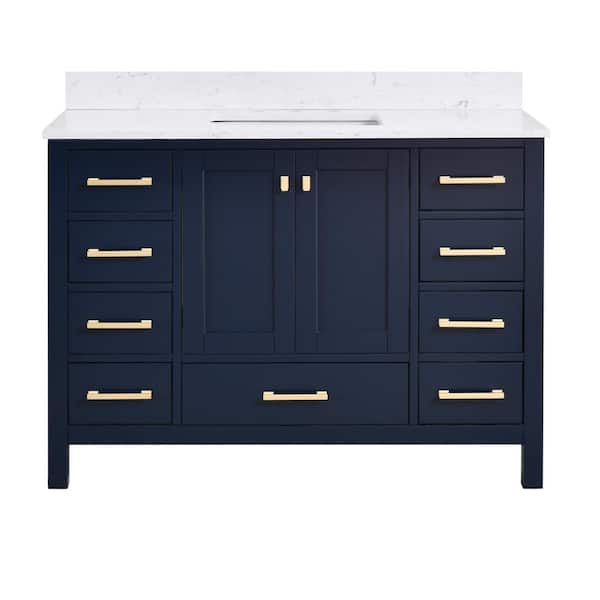 GlamourAura 48 in. W x 22 in. D x 39.24 in. H Single Sink Bath Vanity in Navy Blue with White Engineered Stone Top