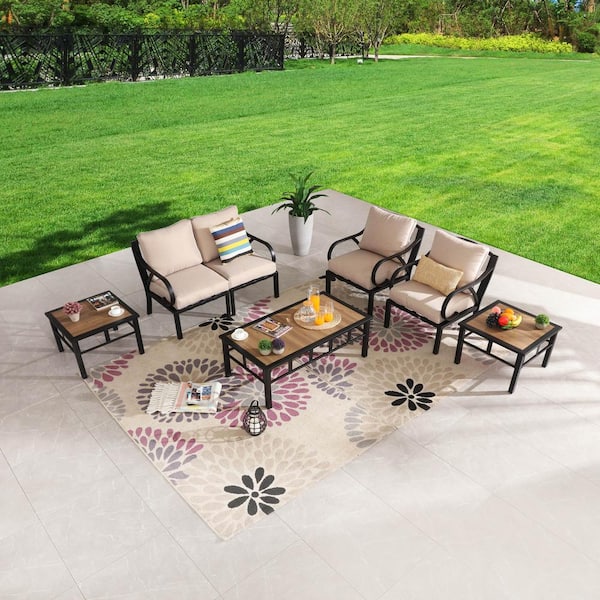 7-Piece Metal Outdoor Sectional Set with Beige Cushions