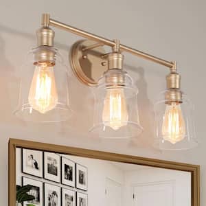 Modern Gold Bathroom Wall Sconce, 23 in. 3-Light Farmhouse Bell Vanity Light with Clear Glass Shades