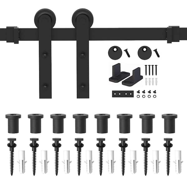WINSOON 10 ft. /120 in. Frosted Black Strap Sliding Barn Door Hardware Kit for Single Wood Door with Non-Routed Floor Guide