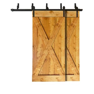 76 in. x 84 in. X Bar Bypass Colonial Maple Stained Solid Pine Wood Interior Double Sliding Barn Door with Hardware Kit