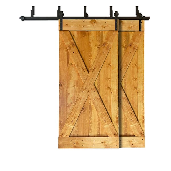 CALHOME 84 in. x 84 in. X Bar Bypass Colonial Maple Stained Solid Pine Wood Interior Double Sliding Barn Door with Hardware Kit