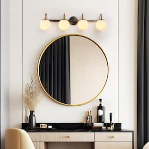 33 in. Brushed Gunmetal Grey Modern Bathroom Vanity Light 4-Light Brass Powder Room Wall Sconce with White Glass Globes