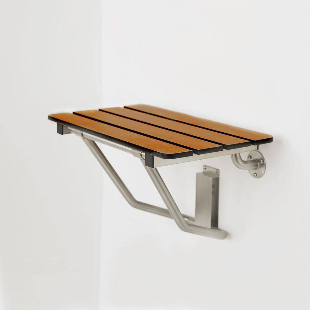 Teak and Stainless Steel Wall-Mounted Folding Shower Bench