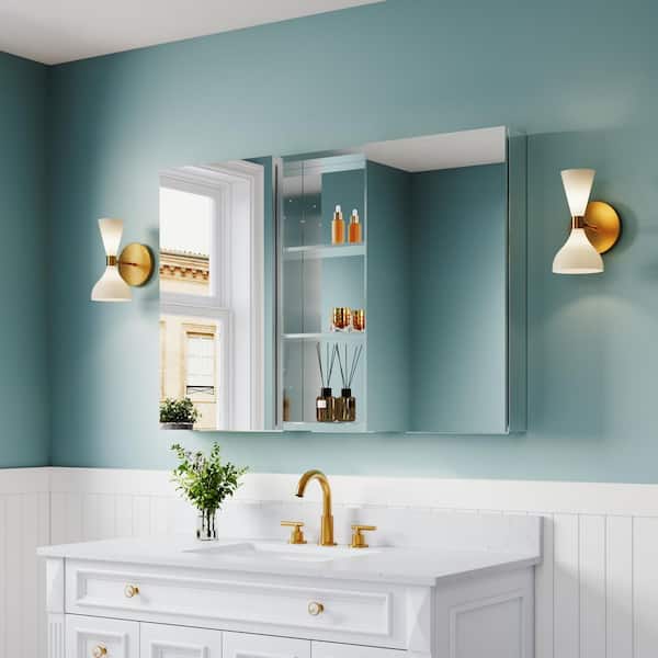 44 in. W x 36 in. H Rectangular Medicine Cabinet with Mirror in Silver with Adjustable Shelves, Soft-Close, Side Cabinet