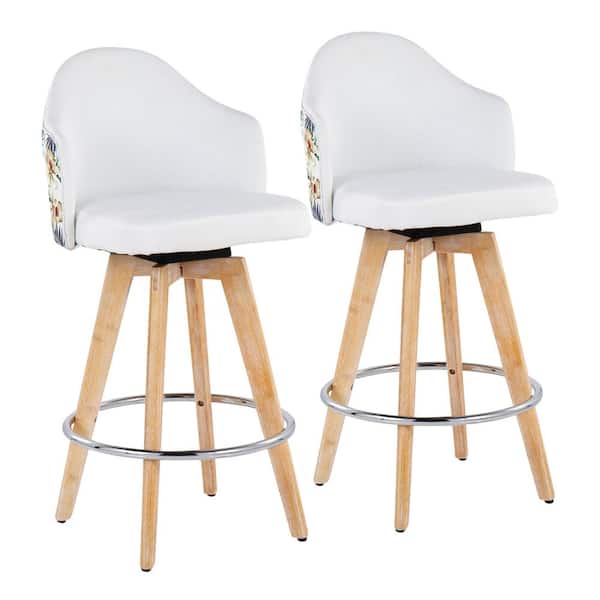 Lumisource Ahoy Upholstered 37 in. White Fabric & Floral Print Wood High Back Counter Stool with Round Chrome Footrest (Set of 2)