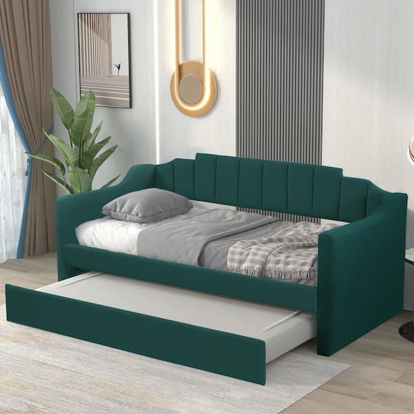 Harper & Bright Designs Green Twin Size Upholstered Daybed with Trundle