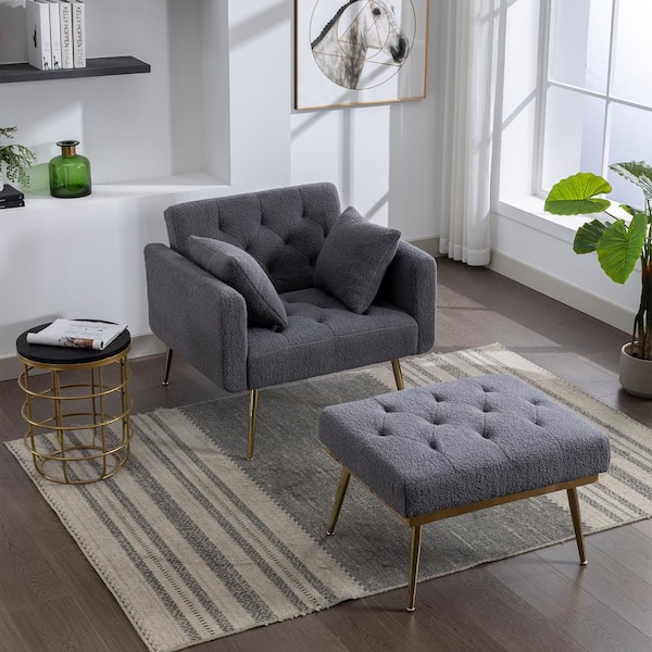 CSC DECOR INC Gray Sherpa Upholstered Accent Chair with 3-Positions Adjustable Backrest, Modern Arm Chair and Ottoman Set