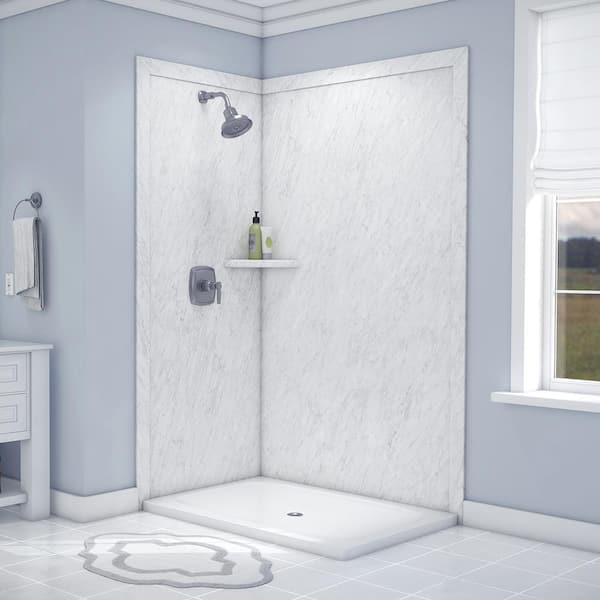 FlexStone Elegance 36 in. x 48 in. x 80 in. 7-Piece Easy Up Adhesive Corner Shower Wall Surround in Frost