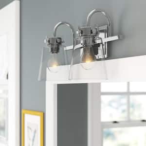 Inwood 16 in. 2-Light Chrome Modern Industrial Vanity with Clear Glass Shades