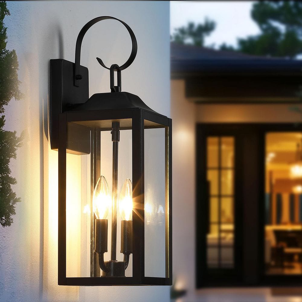 18.85 in. 2-Light Black Outdoor Hardwired Wall Light Lantern Sconce for Porch with Clear Glass