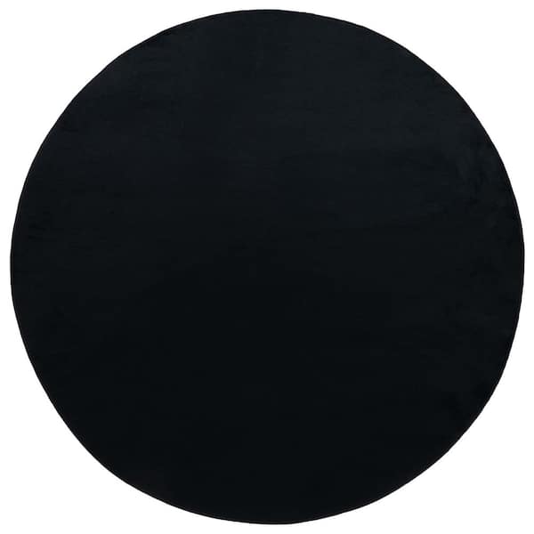 Faux Rabbit Fur Black 4 ft. x 4 ft. Machine Washable Solid Flokati Round Area Rug