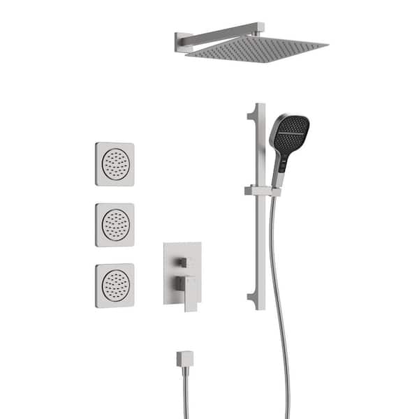 Dual Shower Set 4-Spray Wall Mount 12 in. Rainfall Shower Head and 1. 8GPM Hand Shower in Brushed Nickel with 3 Jets