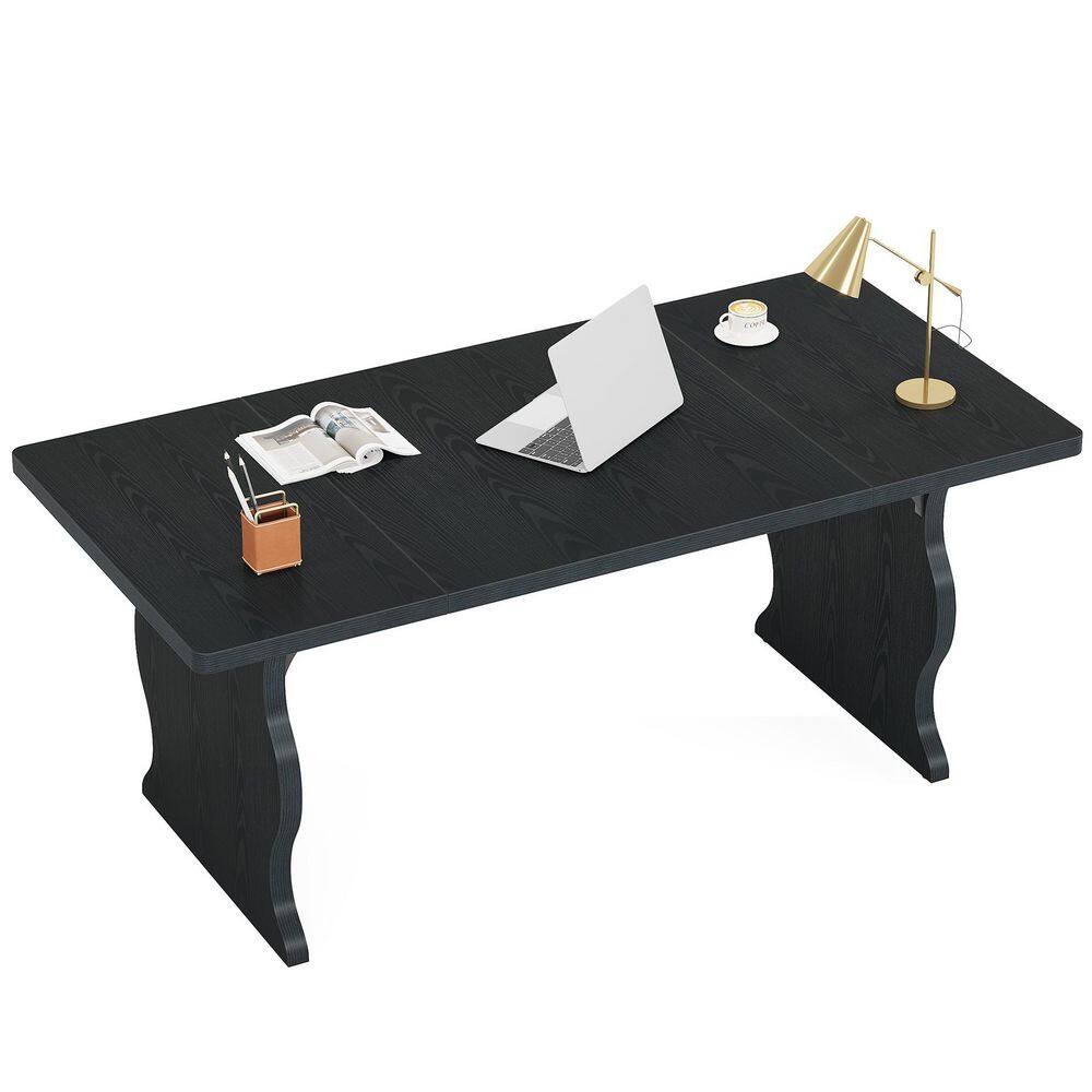 Capen 63" Rectangle Black Wood Home Office Computer Desk Study Writing Table Farmhouse Workstation Thickened Metal Frame