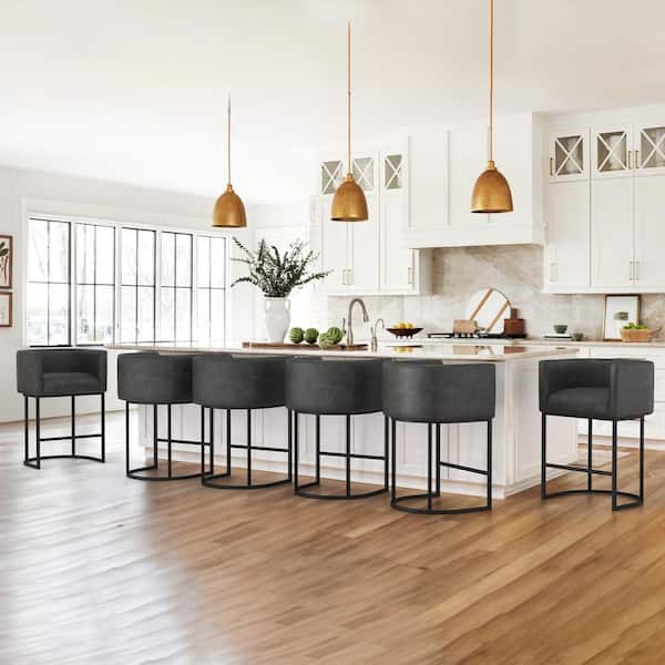 LUE BONA Jessica 26 in. Black Gray Counter Bar Stool Faux Leather Upholstered Barrel Counter Stool with Metal Frame (Set of 6)